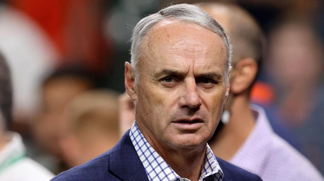 HOUSTON, TEXAS – OCTOBER 26: Major League Baseball Commissioner Rob Manfred looks on prior to Game One of the World Series between the Atlanta Braves and the Houston Astros at Minute Maid Park on October 26, 2021 in Houston, Texas. (Photo by Bob Levey/Getty Images) (Bob Levey, Getty Images)