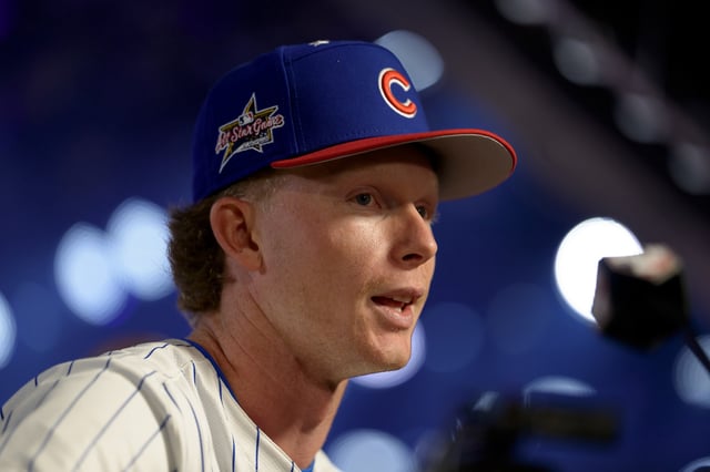 ATLANTA, GEORGIA - JULY 14: Pete Crow-Armstrong #4 of the Chicago Cubs meets with the media at the MLB All-Star Game at Truist Park on July 14, 2025 in Atlanta, Georgia.