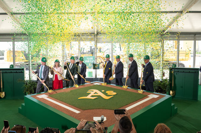LAS VEGAS, NEVADA - JUNE 23: (L-R) Assembly Speaker Steve Yeager (D-Las Vegas), U.S. Rep. Dina Titus (D-NV), President Marc Badain of the Athletics, Major League Baseball Commissioner Rob Manfred, principal owner John Fisher of the Athletics, Nevada Gov. Joe Lombardo, Las Vegas Convention and Visitors Authority President and CEO Steve Hill and Clark County (Nev.) Commission Chairman Jim Gibson participate in a ceremonial groundbreaking for the USD 1.75 billion, 33,000-seat domed stadium for MLB&#39;s Athletics at Sutter Health Park on June 23, 2025 in Las Vegas, Nevada.