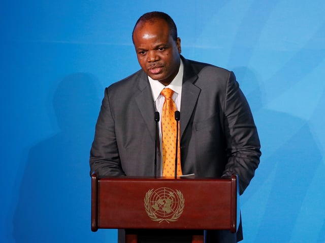 FILE - Eswatini's King Mswati III addresses the Climate Action Summit in the United Nations General Assembly at U.N. headquarters, Sept. 23, 2019. (AP Photo/Jason DeCrow, File)