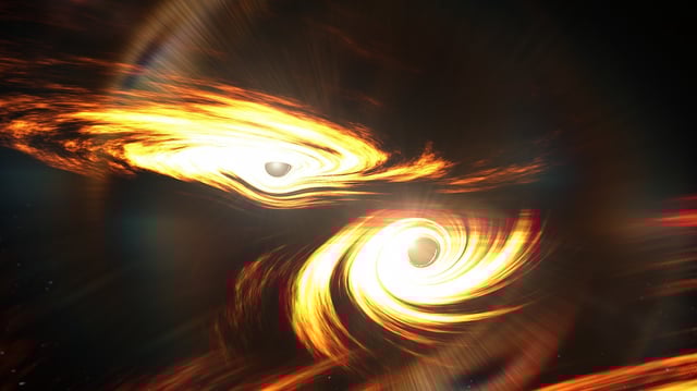 This artist's concept illustrates a hierarchical scheme for merging black holes. Credit LIGO/Caltech/MIT/R. Hurt (IPAC)
