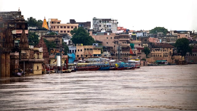 The swollen Ganga river following heavy monsoon rainfall, in Varanasi.