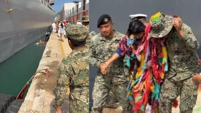 Bailarina cae al mar durante despedida de buques japoneses en Acapulco. Foto: X de Primera Línea Mx @esprimeralinea