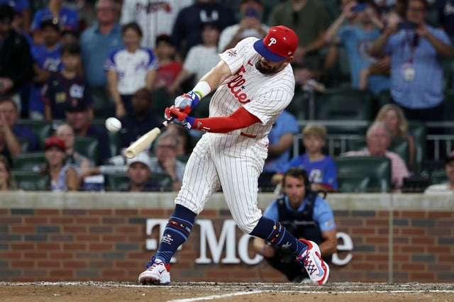 ATLANTA, GEORGIA - JULY 15: Kyle Schwarber #12 of the Philadelphia Phillies competes in the swing-off to decide the MLB All-Star Game at Truist Park on July 15, 2025 in Atlanta, Georgia.