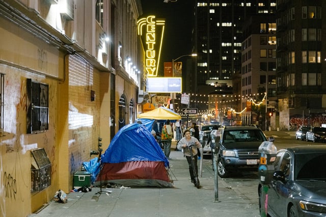 Tents on the sidewalk along Larkin Street during the Department of Homelessness and Supportive Housing’s biennial Point-in-Time Count of homeless and unhoused people on the street on Tuesday, Jan 30, 2024 from 8PM to midnight. According to Department of Homelessness and Supportive Housing, the count covered all 47 square miles of San Francisco and used administrative data for people staying in City shelters, emergency shelters and transitional housing. The final report will include more detailed information about people experiencing homelessness including demographics, veteran status, and chronic homelessness.