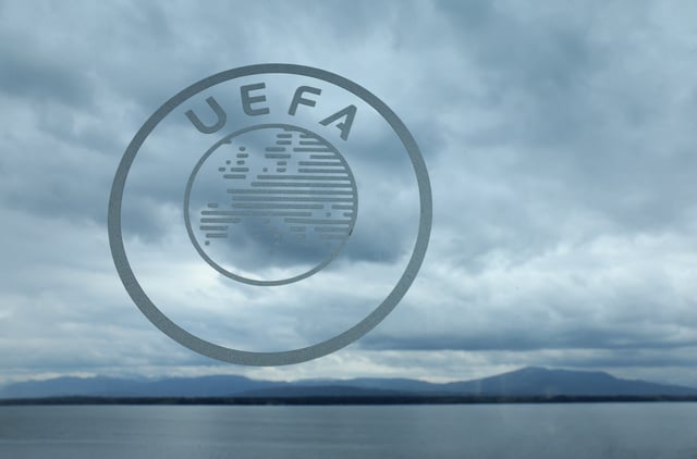 Soccer Football - Champions League - Draw For Quarter Final, Semi Final and Final - UEFA Headquarters, Nyon, Switzerland - March 15, 2024 General view of the UEFA logo after the draw REUTERS/Denis Balibouse/File photo