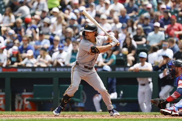 SEATTLE, WASHINGTON - JULY 04: Adam Frazier #26 of the Pittsburgh Pirates bats during the game against the Seattle Mariners at T-Mobile Park on July 04, 2025 in Seattle, Washington. The Seattle Mariners won 6-0.