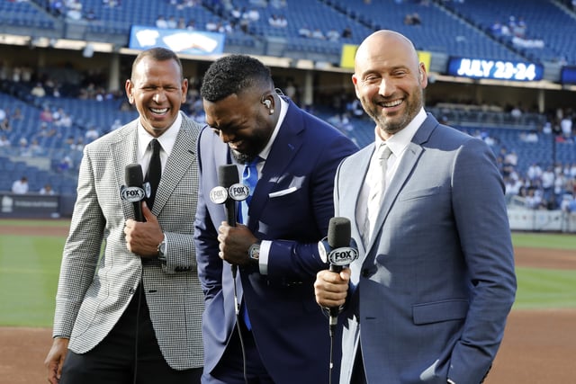 NEW YORK, NEW YORK - JUNE 08: Former MLB players (L-R) Alex Rodriguez, David Ortiz and Derek Jeter have a laugh during the television pre game show before a game between the New York Yankees and the Los Angeles Dodgers at Yankee Stadium on June 08, 2024 in New York City. The Dodgers defeated the Yankees 11-3.
