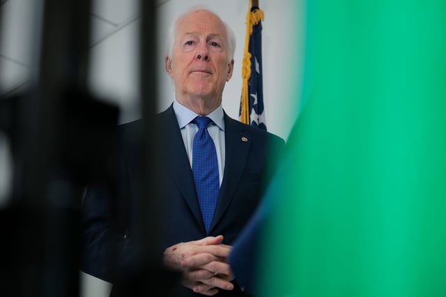 WASHINGTON, DC - APRIL 28: U.S. Sen. John Cornyn (R-TX) speaks to press after meeting with the Drug Enforcement Administration (DEA) nominee Terry Cole outside of his office at the Hart Senate Office Building on April 28, 2025 in Washington, DC. Cole is currently Virginia’s Secretary of Public Safety and Homeland Security and has worked at the DEA for the past 22 years. (Photo by Kayla Bartkowski/Getty Images)