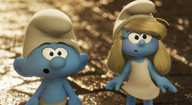 No Name, voiced by James Corden, left, and Smurfette, voiced by Rihanna in a scene from “Smurfs.” 