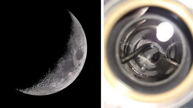 Moon (left) and Chang’E-5 lunar soil (right) sitting at the bottom of a photothermal reactor.