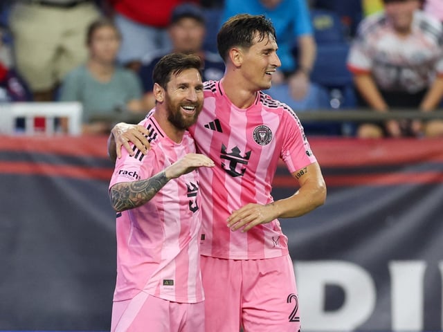 Jul 9, 2025; Foxborough, Massachusetts, USA; Inter Miami CF forward Lionel Messi (10) celebrates after scoring during the first half against the New England Revolution at Gillette Stadium. Mandatory Credit: Paul Rutherford-Imagn Images