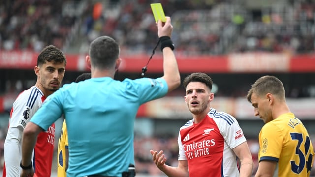 Arsenal’s Declan Rice was shown a controversial second yellow card against Brighton last August. VAR may get the power to intervene in these decisions