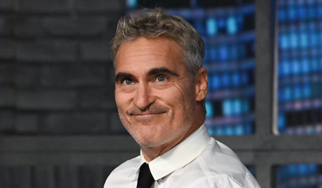The Late Show with Stephen Colbert and guest Joaquin Phoenix during Tuesday’s July 15, 2025 show. Photo: Scott Kowalchyk ©2025 CBS Broadcasting Inc. All Rights Reserved.