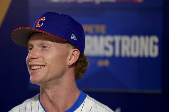 ATLANTA, GEORGIA - JULY 14: Pete Crow-Armstrong #4 of the Chicago Cubs meets with the media at the MLB All-Star Game at Truist Park on July 14, 2025 in Atlanta, Georgia.