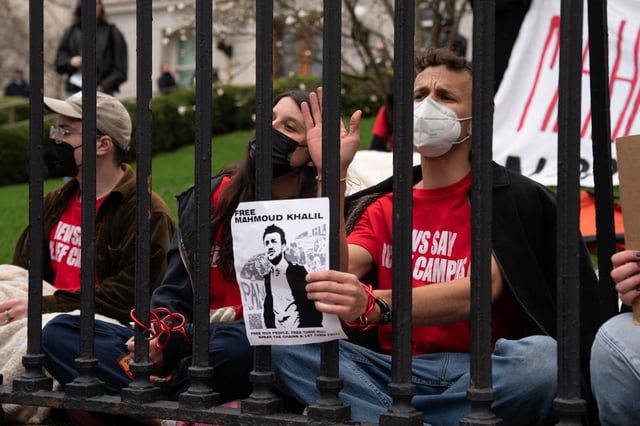 Columbia University students cable themselves to the fence at Columbia University near the entrance to the university on W. 117th St. and Broadway Tuesday, April 2, 2025 in Manhattan, New York. (Barry Williams / New York Daily News)