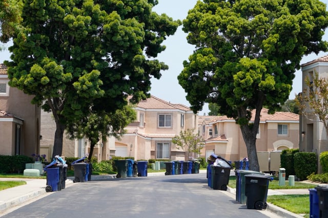 Residential homes are showing signs of trash buildup n the Rancho Del Rey community on Tuesday, July 15, 2025, in Chula Vista, CA. Trash and recycling collection disruptions entered day five in Chula Vista on Tuesday as Republic Services workers remain off the job in solidarity with strikers on the East Coast. (Nelvin C. Cepeda / The San Diego Union-Tribune)