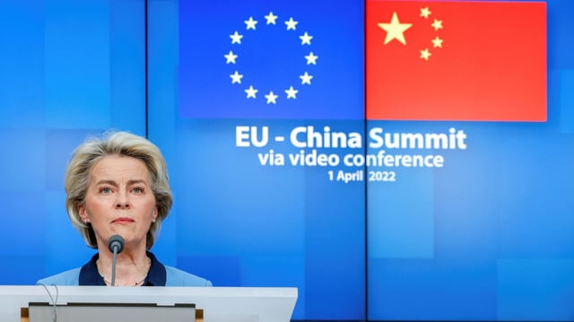European Commission President Ursula von der Leyen speaks during a press conference at the end of the EU-China video summit, in Brussels, Belgium, April 1, 2022 (AP photo by Olivier Matthys).