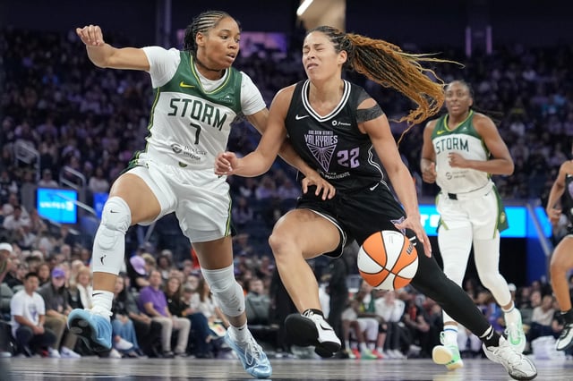 Veronica Burton #22 of the Golden State Valkyries drives to the basket on Zia Cooke #7 of the Seattle Storm during the second half of a WNBA basketball game at Chase Center on June 29, 2025 in San Francisco, California.