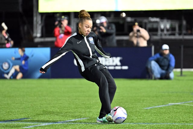 Nov 22, 2024; Kansas City, Missouri, USA; Bay FC defender Savy King controls the ball during the shootout competition during the 2024 NWSL Skills Challenge at KC Women's Soccer Training Complex. Mandatory Credit: Peter Aiken-Imagn Images/File Photo