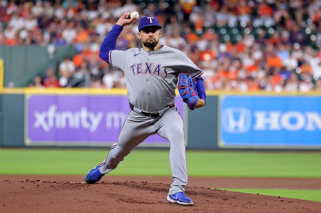 Jul 13, 2025; Houston, Texas, USA; Texas Rangers starting pitcher Nathan Eovaldi (17) delivers a pitch against the Houston Astros during the first inning at Daikin Park. Mandatory Credit: Erik Williams-Imagn Images/File Photo