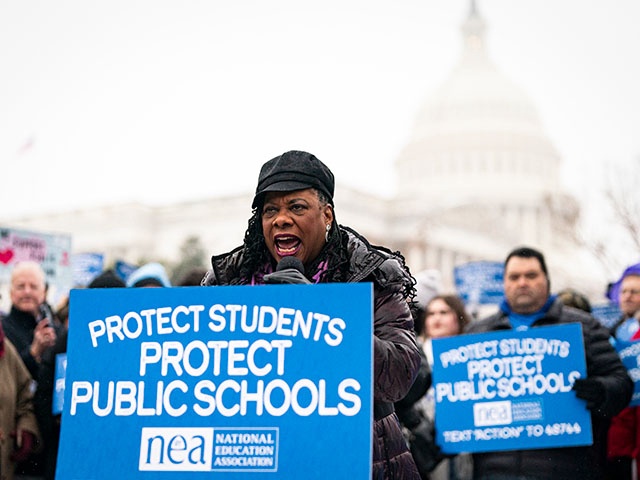 Becky Pringle, president of the National Education Association, speaks during a protest against the nomination of Linda McMahon to serve as President Donald Trump's education secretary, outside the U.S. Capitol on February 12, 2025 in Washington, DC. The protest highlights recent actions by Elon Musk's Department of Government Efficiency (DOGE) that possibly threaten both educational research and student privacy. (Photo by Al Drago/Getty Images)