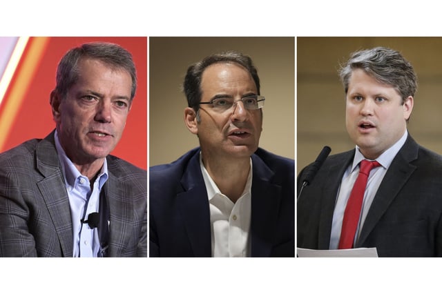 This photo combination shows, from left, Nebraska Gov. Jim Pillen taking part in a panel discussion, Nov. 16, 2022, in Orlando, Fla., Colorado Attorney General Phil Weiser speaking during an interview with The Associated Press, Nov. 21, 2024, in Philadelphia and State Sen. Mike Hilgers, of Lincoln, speaking during a debate in Lincoln, Neb., April 3, 2018. (AP Photo/Phelan M. Ebenhack, Matt Slocum, Nati Harnik, file)