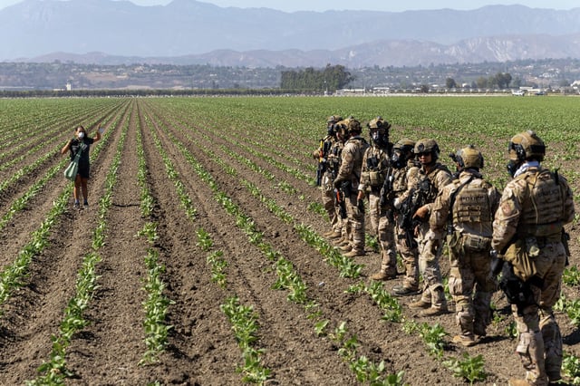 A woman raises her hands as Customs and Border Protection agents extend their skirmish line into a crop field during a raid at Glass House Farms in Camarillo, Calif., July 10, 2025.