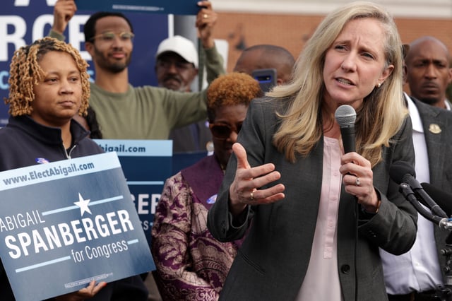 Former Representative Abigail Spanberger speaks in Dumfries, Virginia on October 25, 2022.