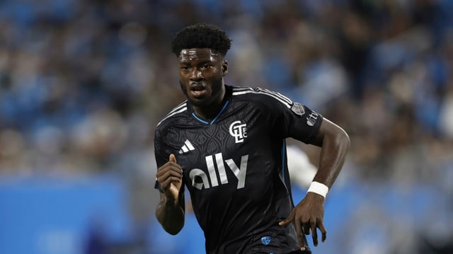 Charlotte FC forward Patrick Agyemang (33) plays against FC Cincinnati during an MLS soccer match in Charlotte, N.C., Saturday, March 15, 2025. (AP Photo/Nell Redmond)