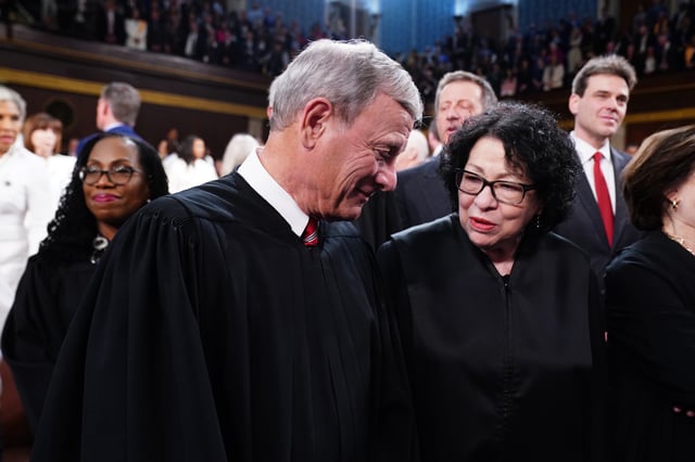U.S. Supreme Court Chief Justice John Roberts and Associate Justice Sonia Sotomayor talk on the House floor ahead of the annual State of the Union address by U.S. President Joe Biden before a joint session of Congress at the Capital building on March 7, 2024, in Washington, DC.