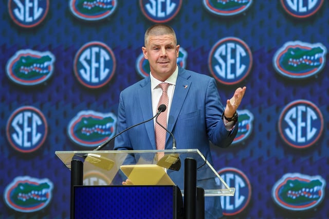 Jul 16, 2025; Atlanta, GA, USA; Florida State Gators head coach Billy Napier talks to the media during the SEC Media Days at Omni Atlanta Hotel. Mandatory Credit: Jordan Godfree-Imagn Images/File Photo