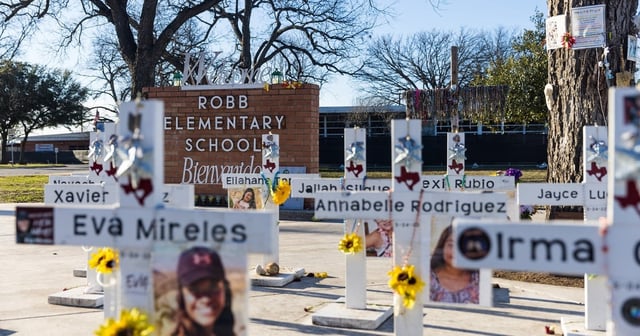 Memorial crosses outside Robb Elementary in Uvalde, Texas, on Jan. 18, 2024.