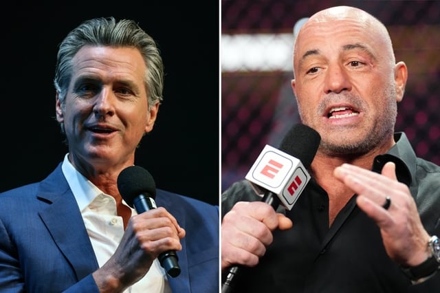 California Gov. Gavin Newsom (left) addressed sharp criticism from podcaster Joe Rogan (right) about vaccine mandates during an appearance on the “Shawn Ryan Show,” defending his pandemic decisions and denying influence from pharmaceutical companies.