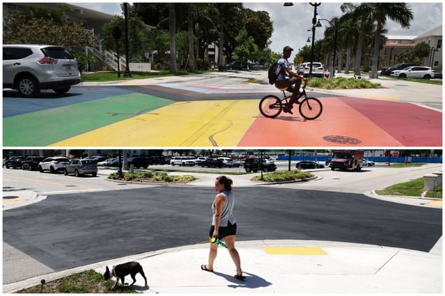 A file photo, above, shows the “Pride Progress Flag” mural on East Ocean Avenue and First Street in Boynton Beach. Now, it’s no longer there. A woman, below, walks her dog at the newly painted intersection on Wednesday, July 16, 2025. (Carline Jean/South Florida Sun Sentinel)