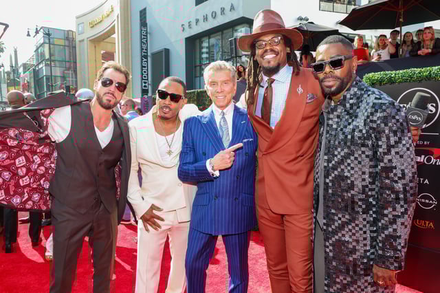 (L-R) David Osokow, Clarence Maclin, Michael Buffer, Cam Newton and Colman Domingo attend the 2024 ESPY Awards at Dolby Theatre on July 11, 2024 in Hollywood, California.