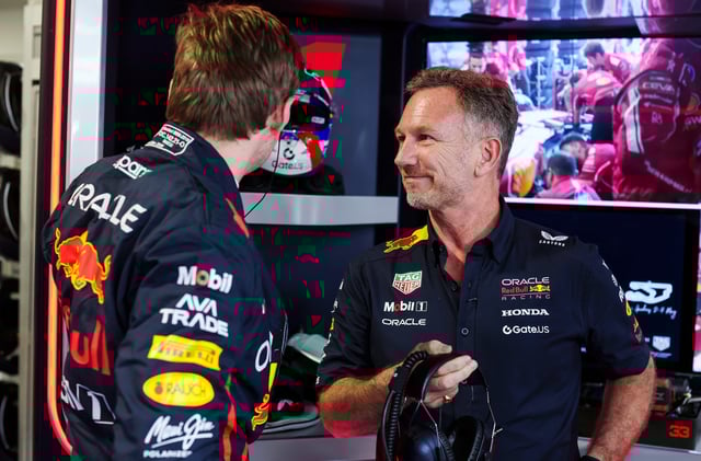 Max Verstappen of the Netherlands and Oracle Red Bull Racing talks with Christian Horner, Team Principal of Oracle Red Bull Racing in the garage during qualifying ahead of the F1 Grand Prix of Miami at Miami International Autodrome on May 03, 2025 in Miami, Florida.
