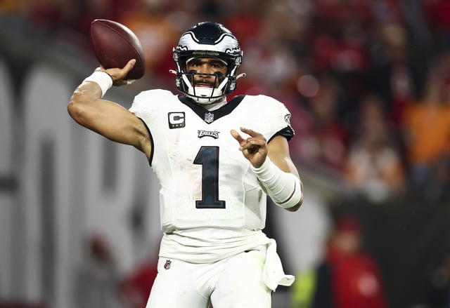 Jalen Hurts #1 of the Philadelphia Eagles throws a pass during the second quarter of an NFL wild-card playoff football game against the Tampa Bay Buccaneers at Raymond James Stadium on January 15, 2024 in Tampa, Florida.