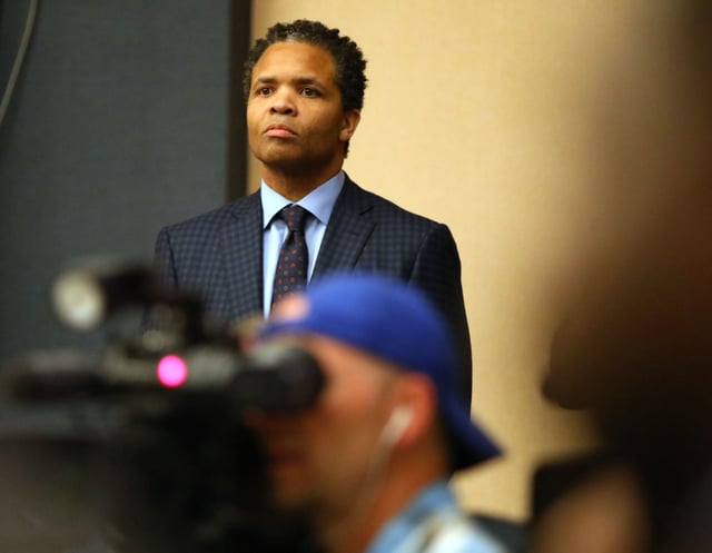 Jesse Jackson Jr. listens during a news conference at a Rainbow/PUSH Coalition event on July 2, 2019, in Chicago. (Stacey Wescott/Chicago Tribune)