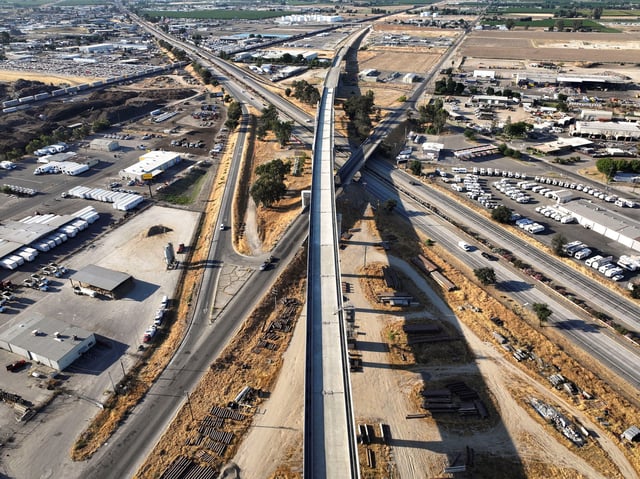 A drone view of a California High-Speed Rail Bridge where it crosses through Fresno, California, U.S. June 8, 2025.  REUTERS/Fred Greaves/File Photo
