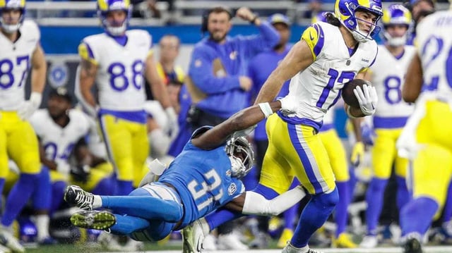 Detroit Lions safety Kerby Joseph (31) tackles L.A. Rams wide receiver Puka Nacua (17) during the second half of the NFL wild-card playoff game at Ford Field in Detroit on Sunday, Jan, 14, 2024..