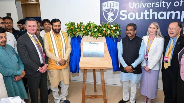 Haryana Chief Minister Nayab Singh Saini and Union Education Minister Dharmendra Pradhan during the inauguration of Southampton University Campus on Wednesday. (Parveen Kumar/Hindustan Times)