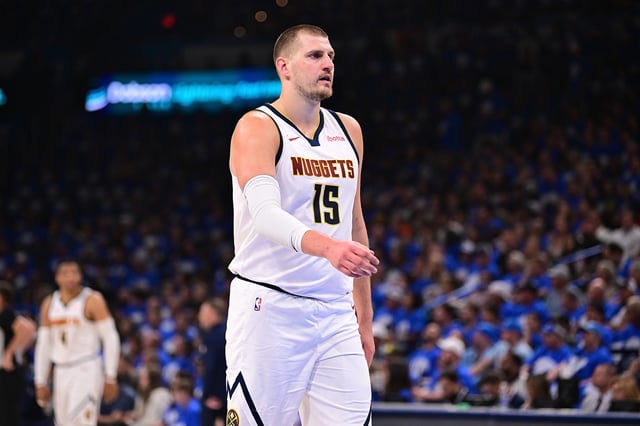 Nikola Jokic #15 of the Denver Nuggets walks down the floor during the first half of game seven of the Western Conference semifinals against the Oklahoma City Thunder at Paycom Center on May 18, 2025 in Oklahoma City, Oklahoma.