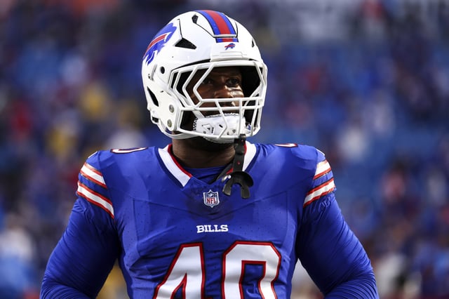Von Miller #40 of the Buffalo Bills stretches prior to an NFL football game against the Jacksonville Jaguars at Highmark Stadium on September 23, 2024 in Orchard Park, New York. Buffalo Bills star edge rusher Von Miller has been suspended for four games without pay for violating the NFL’s Personal Conduct Policy