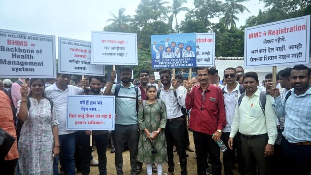 Mumbai, India – 16, July 2025: Homoeopathic Doctors protest against Maharashtra Government among there various demands at Azad maidan, in Mumbai, India, on Wednesday, July 16, 2025. (Photo by Bhushan Koyande/HT Photo)