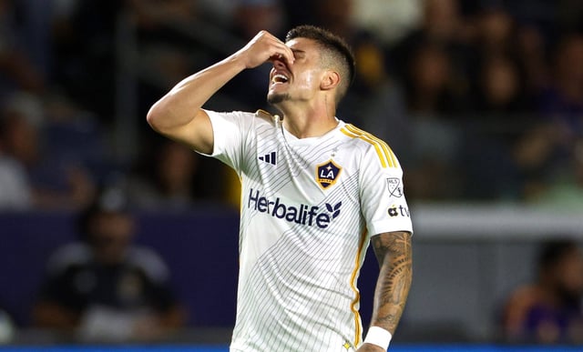 Galaxy forward Gabriel Pec shows his frustration after missing a shot during the second half of their 2-1 loss to Austin FC on Wednesday night at Dignity Health Sports Park in Carson. The Galaxy took 13 shots but only two were on frame. (Photo by Raul Romero Jr., Contributing Photographer)