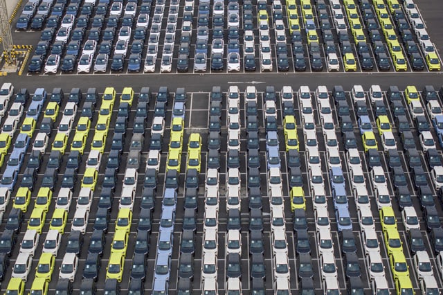 BYD electric cars waiting to be loaded to the automobile carrier BYD "Shenzhen", which will sail to Brazil from the Taicang Port in Suzhou, in China, on April 27, 2025.