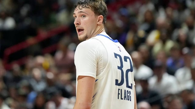 Dallas Mavericks forward Cooper Flagg (32) looks on against the Los Angeles Lakers in the second quarter of their game at Thomas & Mack Center.