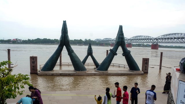 Varanasi: Submerged Namo Ghat as the Ganga river continues to rise during the monsoon season, in Varanasi, Wednesday, July 16, 2025.
