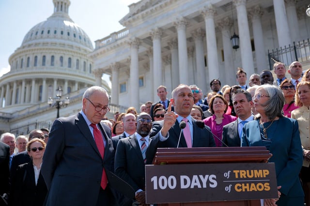 WASHINGTON, DC - APRIL 30: House Minority Leader Hakeem Jeffries (D-NY) (C) joins Senate Minority Leader Charles Schumer (D-NY) and dozens of fellow Democratic lawmakers to mark the first 100 days of President Donald Trump's second term in the White House on the East Steps of the U.S. Capitol on April 30, 2025 in Washington, DC. Democrats have been highly critical of the scope and methods of Trump's work to transform the federal government, including sweeping tariffs, clashing with colleges and universities, shrinking of the federal workforce, and attacking the judiciary and journalists. (Photo by Chip Somodevilla/Getty Images)